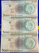 3 Cédulas 5 Mil Cruzeiros Banco Central Do Brasil Antigas Coleção Brasil