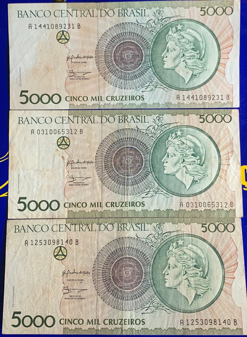 3 Cédulas 5 Mil Cruzeiros Banco Central Do Brasil Antigas Coleção Brasil