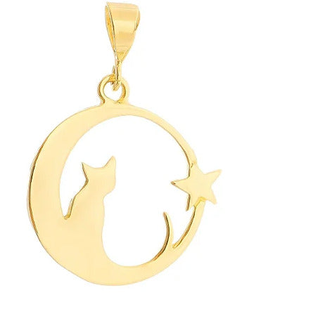 Pingente Gato na Lua Ouro 18 k Peso 0.50 Grama 10 mm