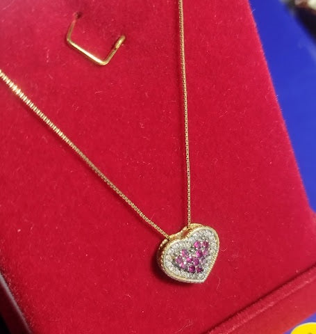Colar Gargantilha Corretinha 50 Cm Coração 10 mm Brilhantes Rubi Ouro 18 Kilates 1.70 Gramas