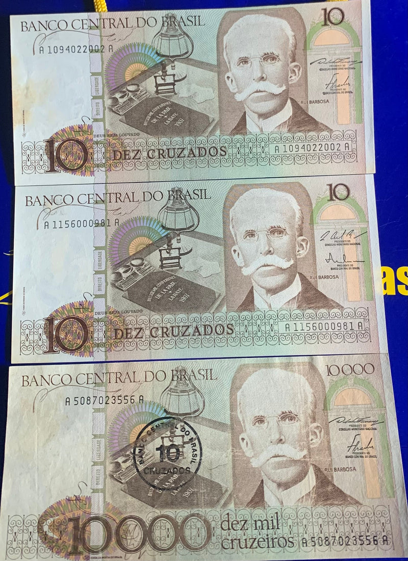 3 Cédulas 10 Cruzados Banco Central  Coleção