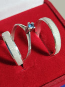 Trio Aliança de Prata 950 largura 3 mm  Fosca Com kina lisa e Maciça e solitário de Prata Pedra 4 mm Zircônia Azul