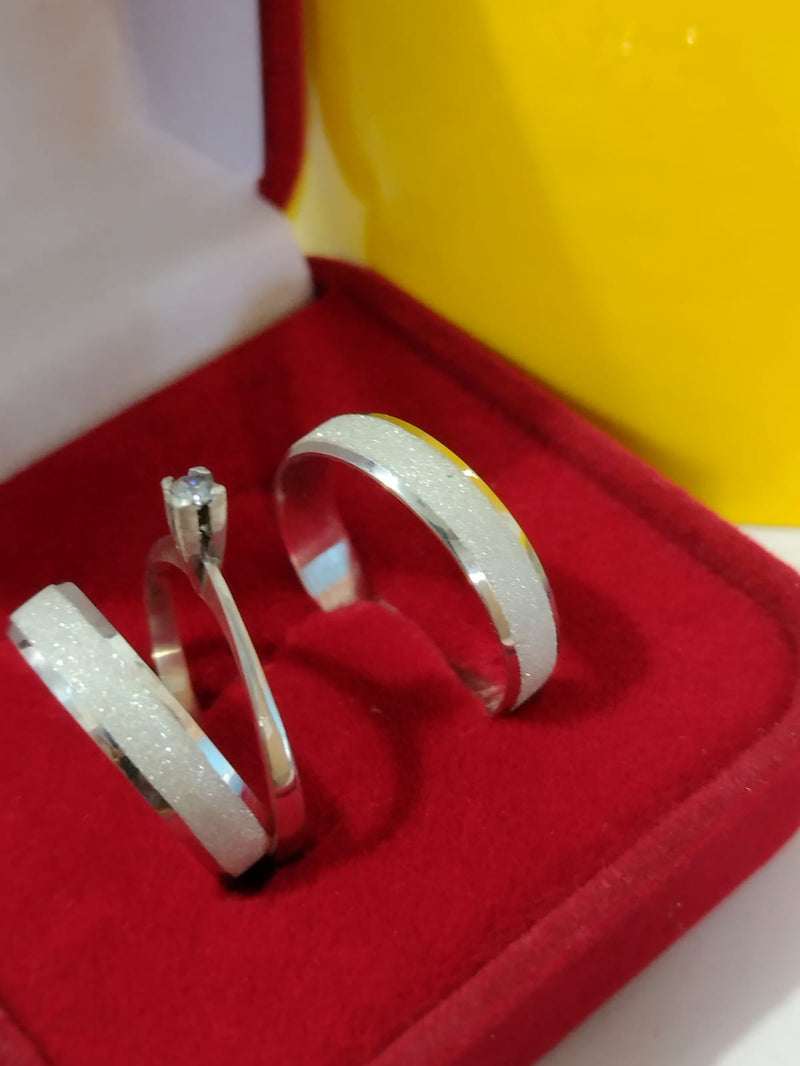 Trio Aliança de Prata 950 largura 3 mm trabalhada Fosca Com kina lisa e Maciça e solitário de Prata Pedra 3 mm