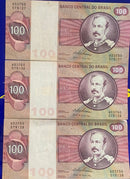 3 Cédulas 100 Cruzeiros Banco Central do Brasil Antigas Coleção