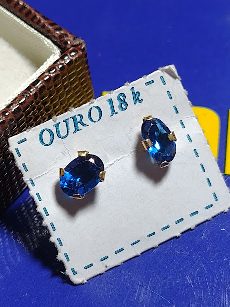 Brincos Feminino Infantil Adulto Azul Zircônia Ouro 18 Kilates Peso 0.50 Grama 6x4 mm