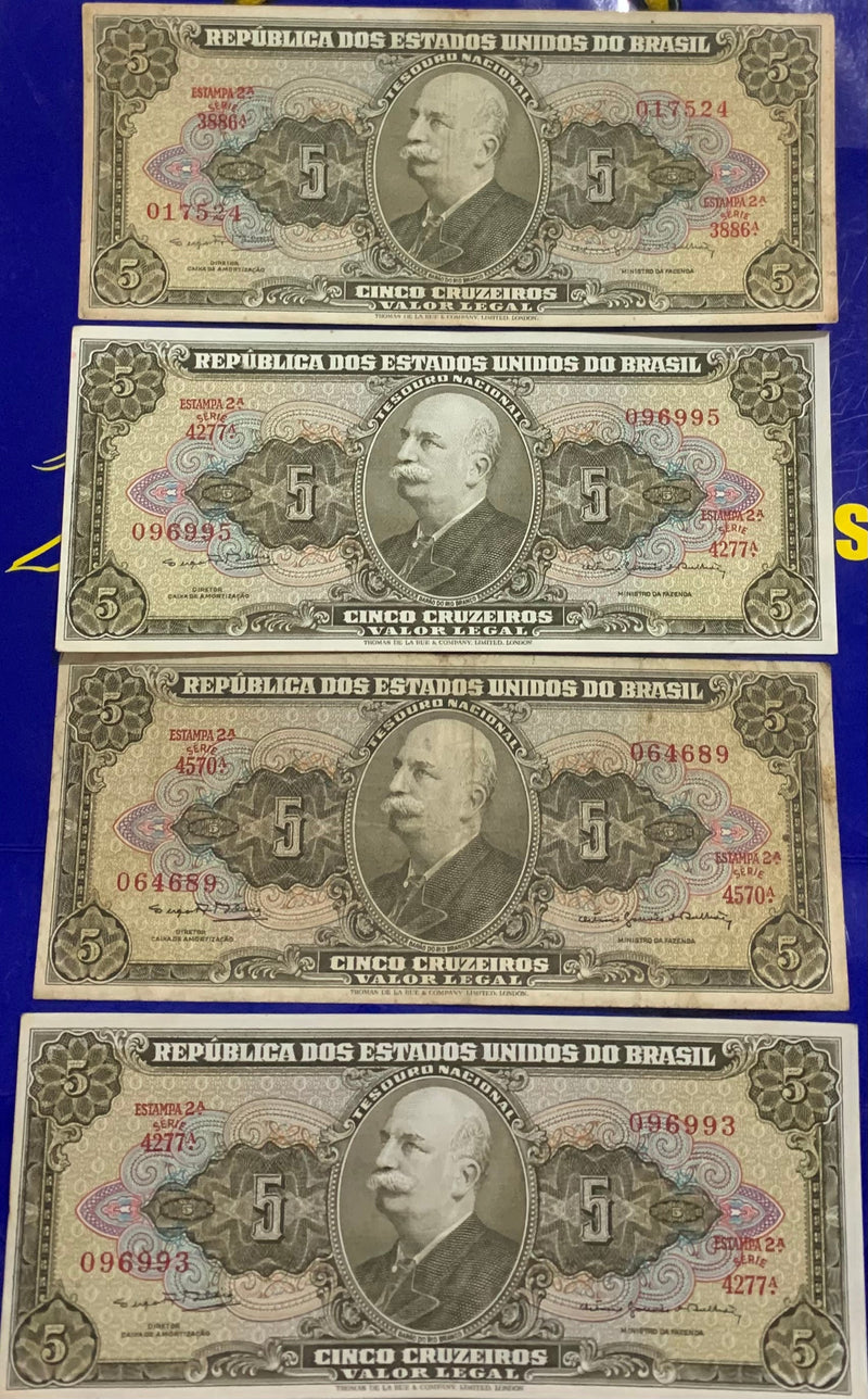 4 Cédulas 5 Cruzeiros Antigas Coleção