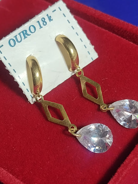 Brincos Ouro 18 Kilates Pedra Gota Rasa Zircônia  2.00 Gramas 35 mm