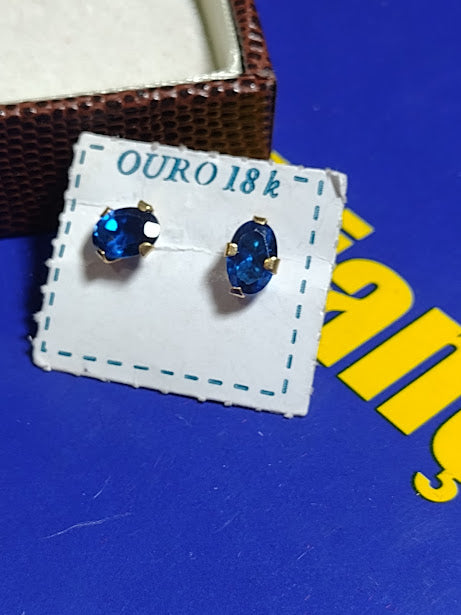 Brincos Feminino Infantil Adulto Azul Zircônia Ouro 18 Kilates Peso 0.50 Grama 6x4 mm