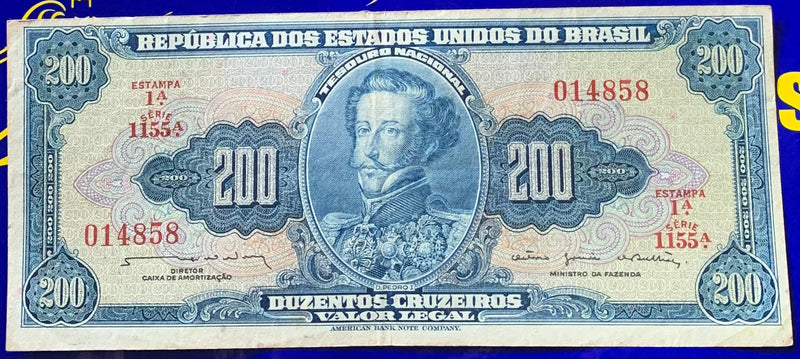 Cédula 200 Cruzeiros República dos Estados Unidos Do Brasil Antigas Coleção Brasil Rara e Nova