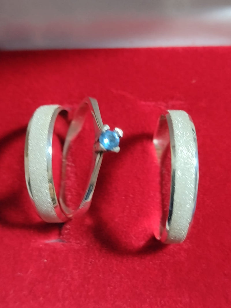 Trio Aliança de Prata 950 largura 3 mm  Fosca Com kina lisa e Maciça e solitário de Prata Pedra 4 mm Zircônia Azul