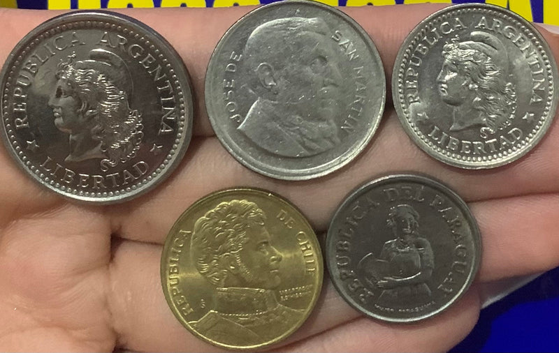 Kit 5 Moedas 1 Peso, 5 Guarantes, 10 Pesos, 20 Centavos e 50 Centavos