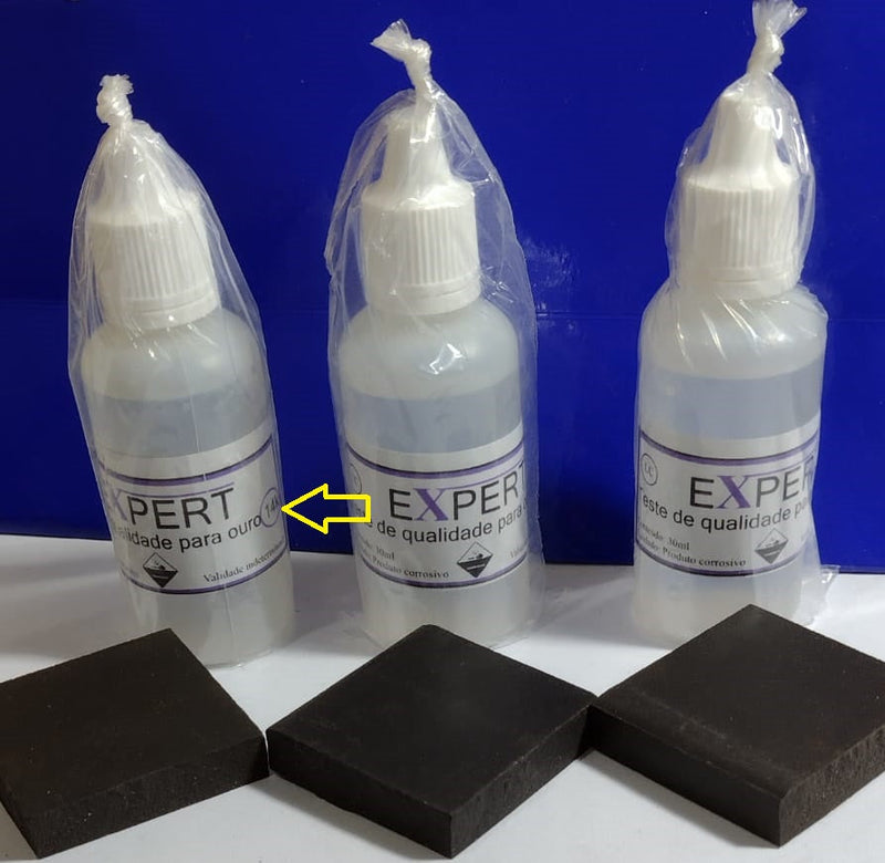 Teste de Ouro 14 Kilates Testa joais em Geral como Corãdão, pulsiira 3 Vidros Teste 30 Ml + 3 Pedras 3.80 Cm x 3.80 Cm