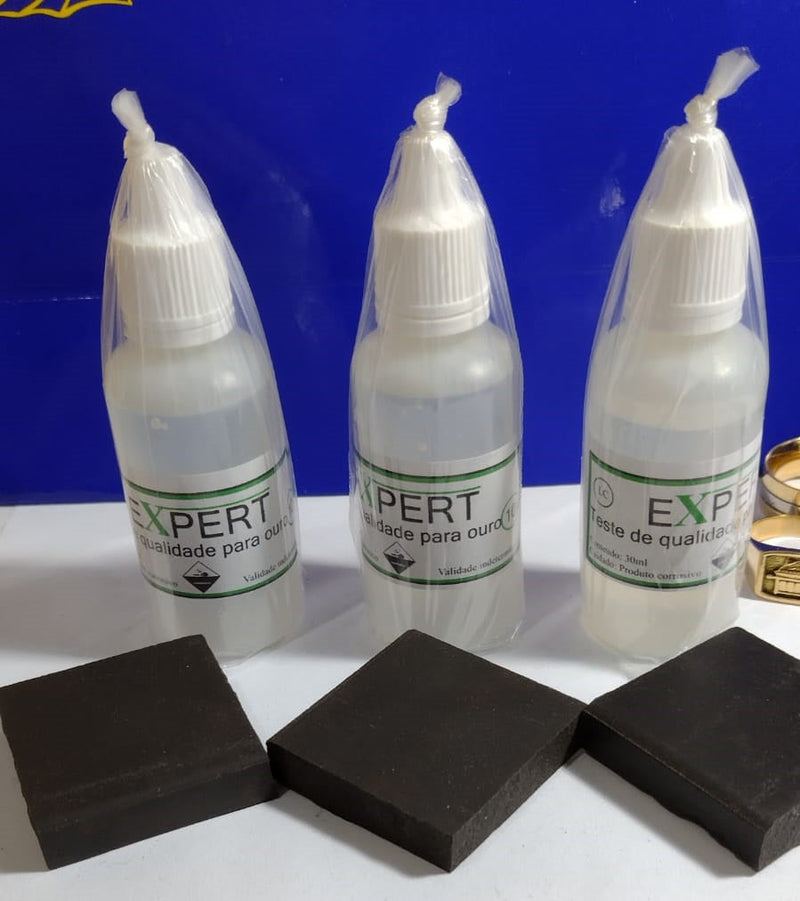 Teste de Ouro 14 Kilates Testa joais em Geral como Corãdão, pulsiira 3 Vidros Teste 30 Ml + 3 Pedras 3.80 Cm x 3.80 Cm