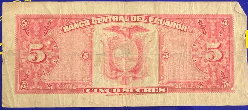 Cédula 5 Sucres Banco Central Del Ecuador Antigas Coleção