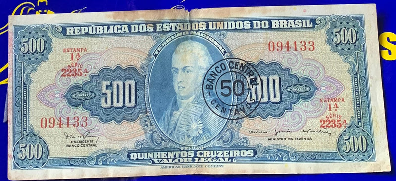 Cédula 500 Cruzeiros República dos Estados Unidos Brasil Antigas Coleção Nova
