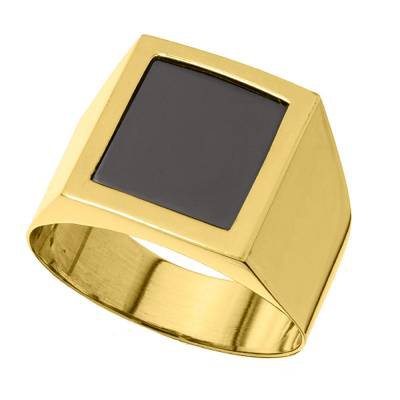Anel Em Ouro 18 K /pedra Onix/ Promoção/ 20 Gr 6 Mm