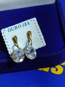 Brincos Coração Ouro 18 Kilates 18 mm de altura Pedra Zircônia 7 x 9 mm Peso 1.50 Gramas