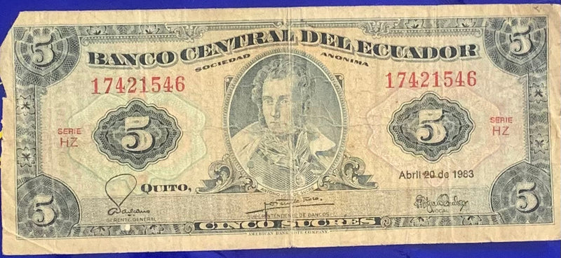 Cédula 5 Sucres Banco Central Del Ecuador Antigas Coleção