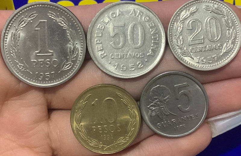 Kit 5 Moedas 1 Peso, 5 Guarantes, 10 Pesos, 20 Centavos e 50 Centavos