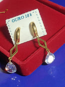 Brincos Ouro 18 Kilates Pedra Gota Rasa Zircônia  2.00 Gramas 35 mm