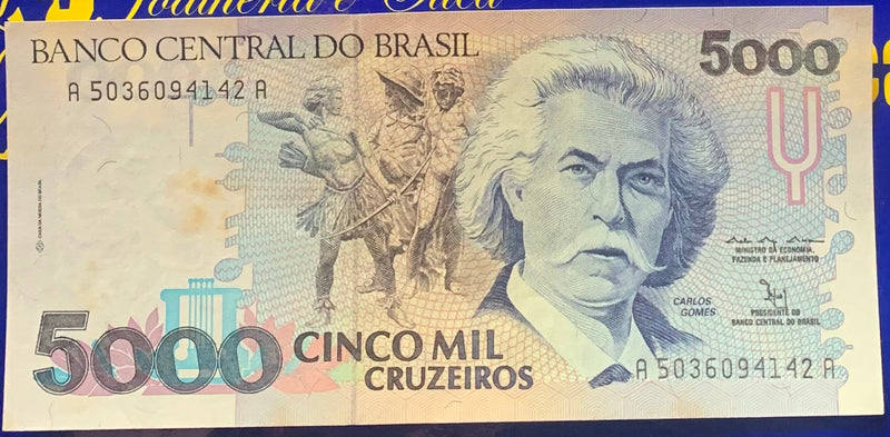 Cédula 5 Mil Cruzeiros Banco Central do Brasil do Brasil Antigas Coleção