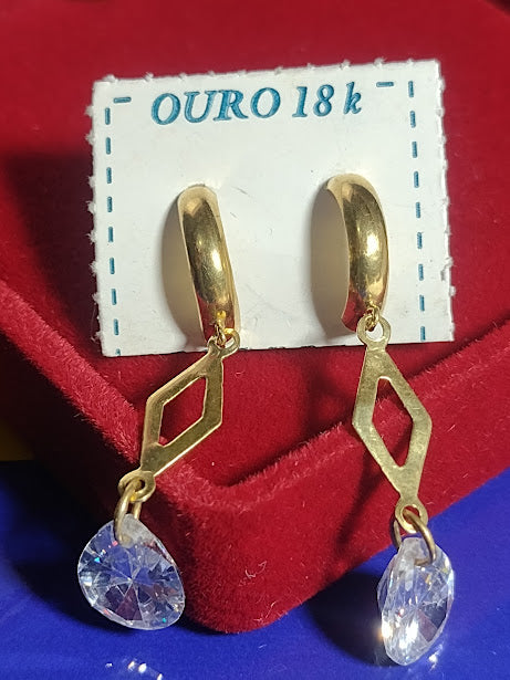 Brincos Ouro 18 Kilates Pedra Gota Rasa Zircônia  2.00 Gramas 35 mm