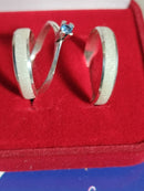 Trio Aliança de Prata 950 largura 3 mm  Fosca Com kina lisa e Maciça e solitário de Prata Pedra 4 mm Zircônia Azul