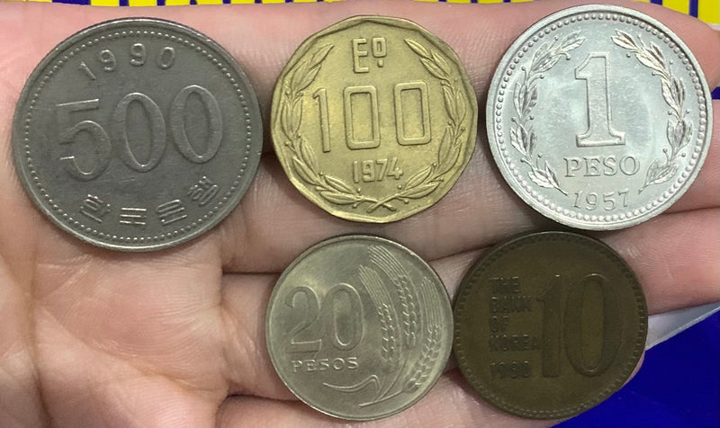 Kit 5 Moedas 10 Pesos e Outras Estangeiras Raras