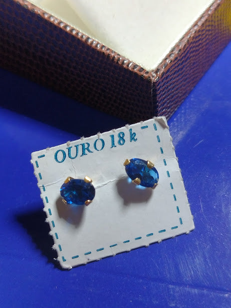 Brincos Feminino Infantil Adulto Azul Zircônia Ouro 18 Kilates Peso 0.50 Grama 6x4 mm