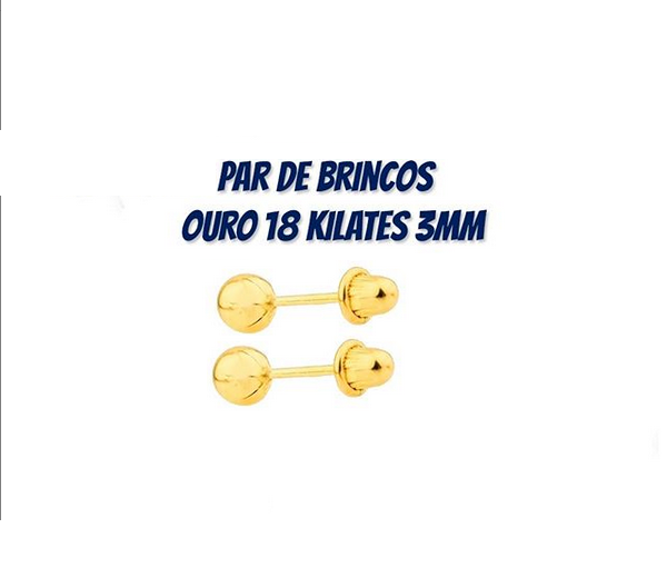2 Pares Brinco Bolinha 3 mm Ouro 18kilates Baby infantil segundo furo