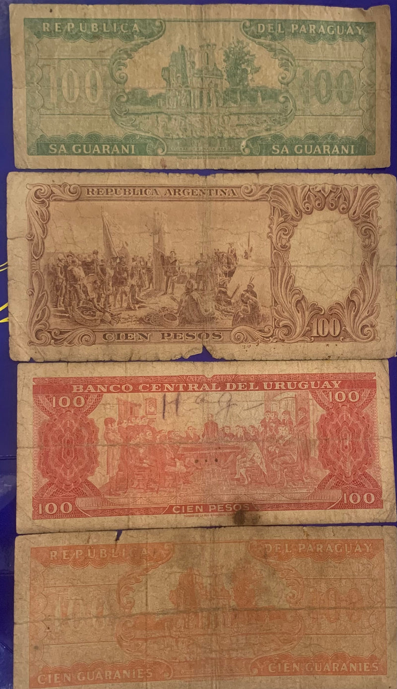 19 Cédulas 1 Peso, 2 Guaranies,, 5 Guaranies, 10 Pesos, 20, 100 Guaranies, 1000 Pesos e 10.000 Pesos