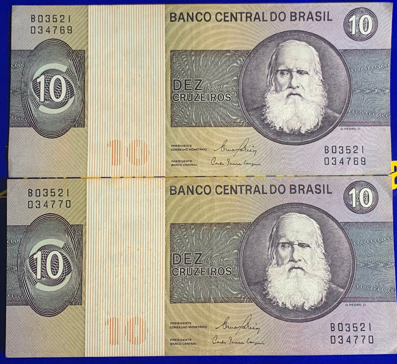 2 Cédulas 10 Cruzeiros Banco Central do Brasil Raras Brasil Antigas Coleção Linda Cédulas