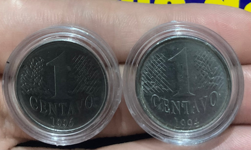 2 Moedas 1 Centavo 1996/1994 Coleção Novas Kit Duas Moedas na Cápsula