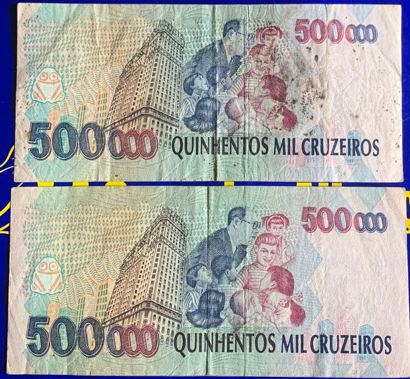 2 Cédulas 500,000 Mil Cruzeiros Banco Central do Brasil Raras Brasil Antigas Coleção Linda Cédulas