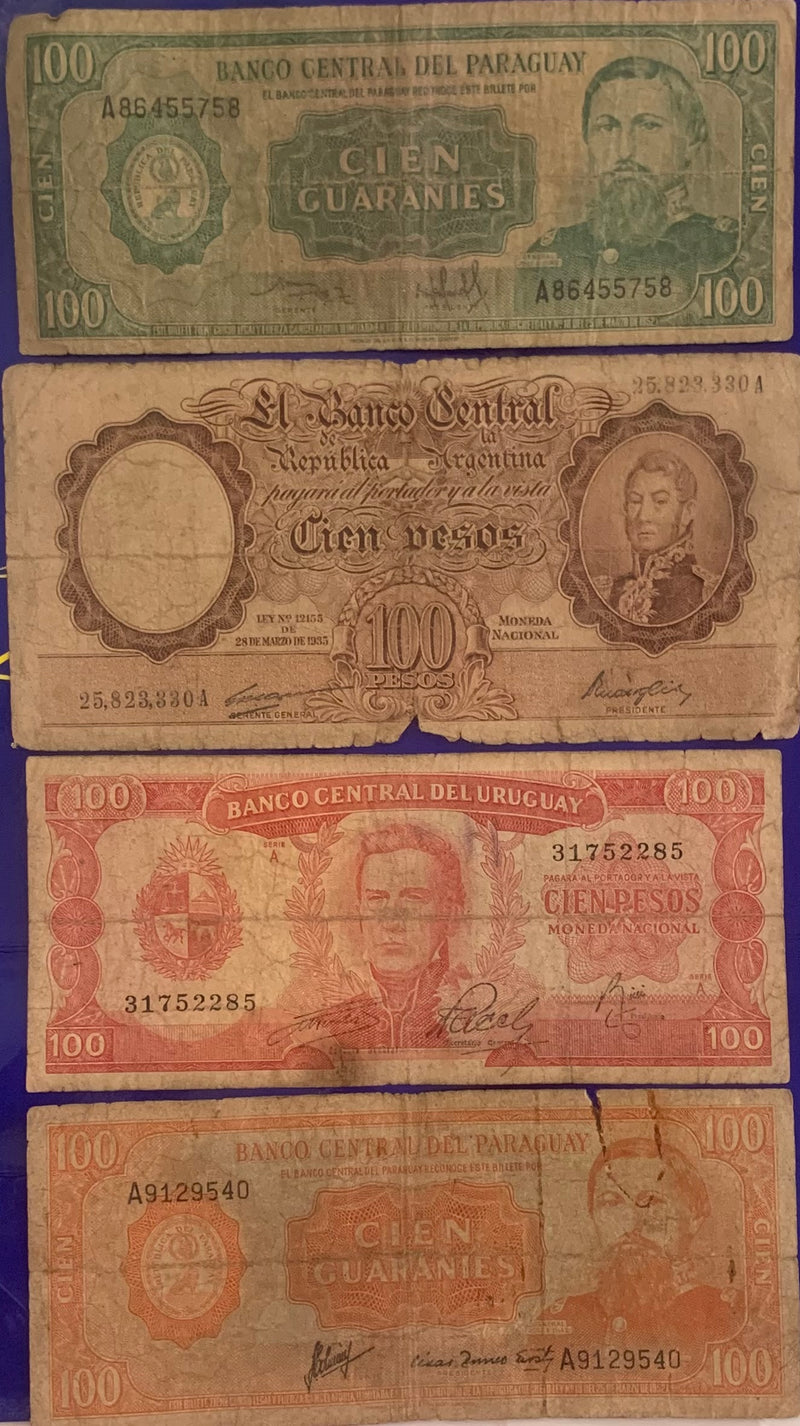 19 Cédulas 1 Peso, 2 Guaranies,, 5 Guaranies, 10 Pesos, 20, 100 Guaranies, 1000 Pesos e 10.000 Pesos