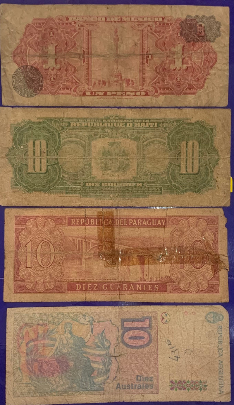 19 Cédulas 1 Peso, 2 Guaranies,, 5 Guaranies, 10 Pesos, 20, 100 Guaranies, 1000 Pesos e 10.000 Pesos