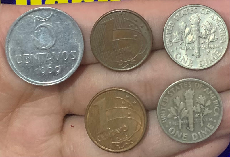 5 Moedas 5 Centavos, 1 Centavos Brasil e 2 de Dolar