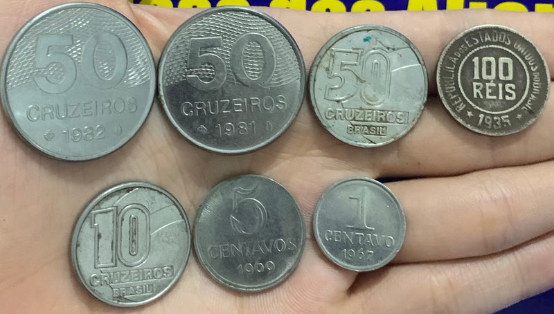 7 Moedas 50 Cruzeiros, 100 Réis, 10 Cruzeiros, 5 Centavos, 1 Centavo Kit