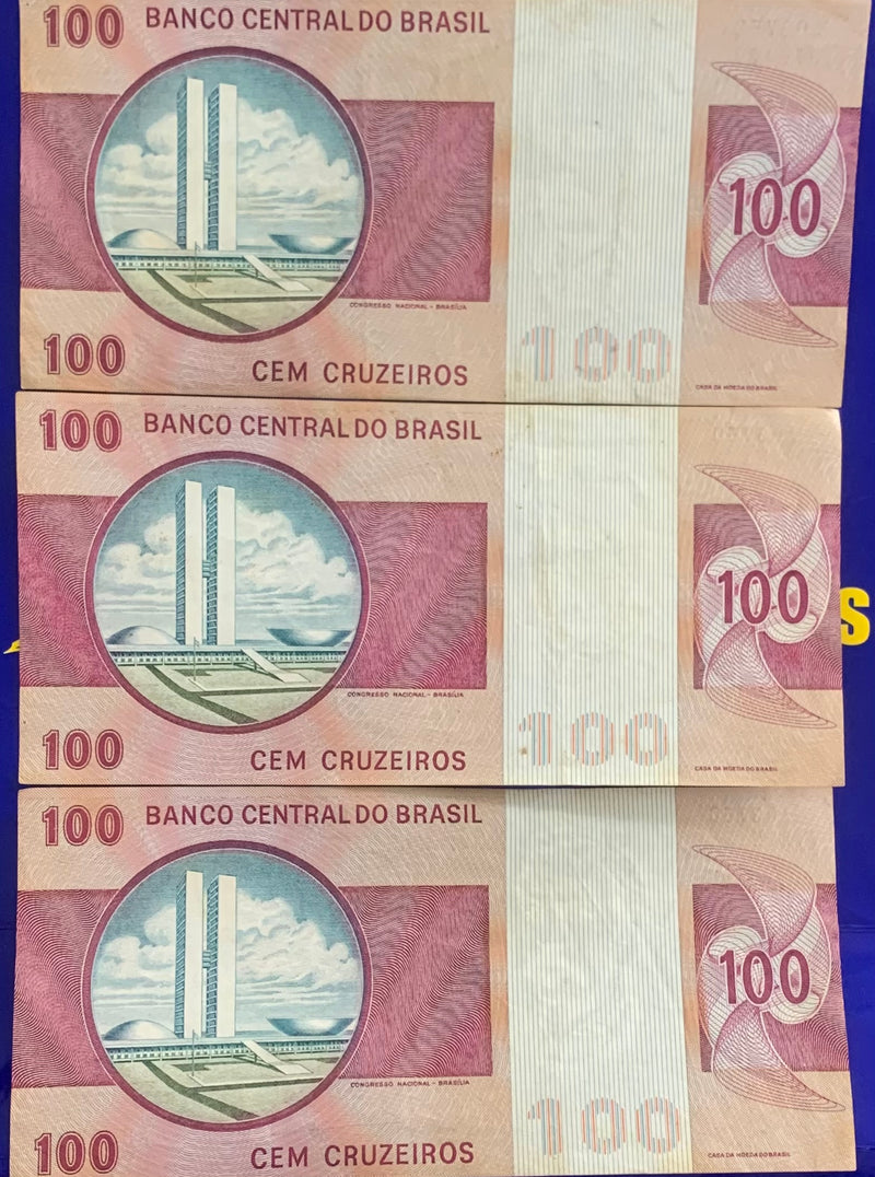 3 Cédulas 100 Cruzeiros Banco Central do Brasil Antigas Coleção