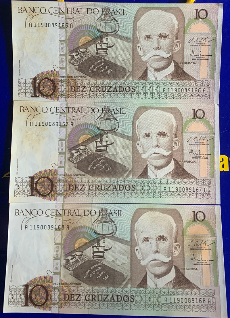 3 Cédulas 10 Cruzados Banco Central do Brasil Antigas Coleção