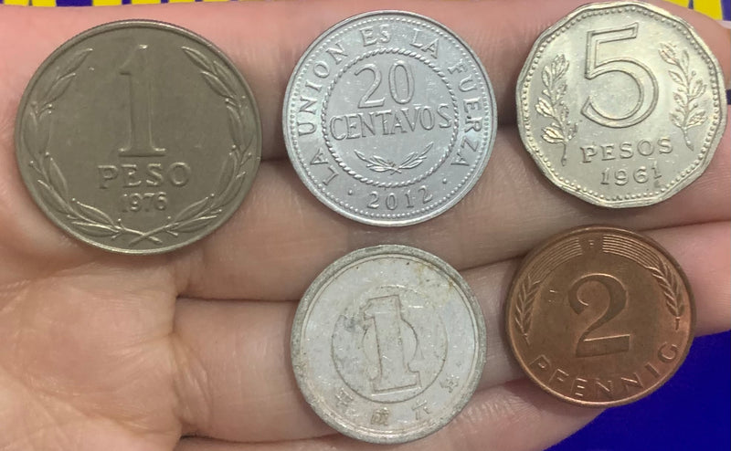 5 Moedas 1 Peso, 2, 5 Pesos e 20 Centavos