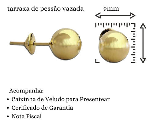 Par De Brinco De Bola Adulto 9mm Ouro 18k 750