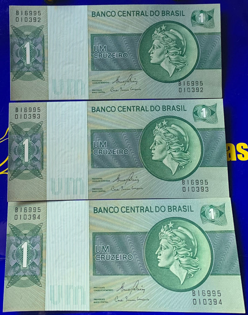 3 Cédulas 1 Cruzeiro Banco Central  Brasil Antigas Coleção