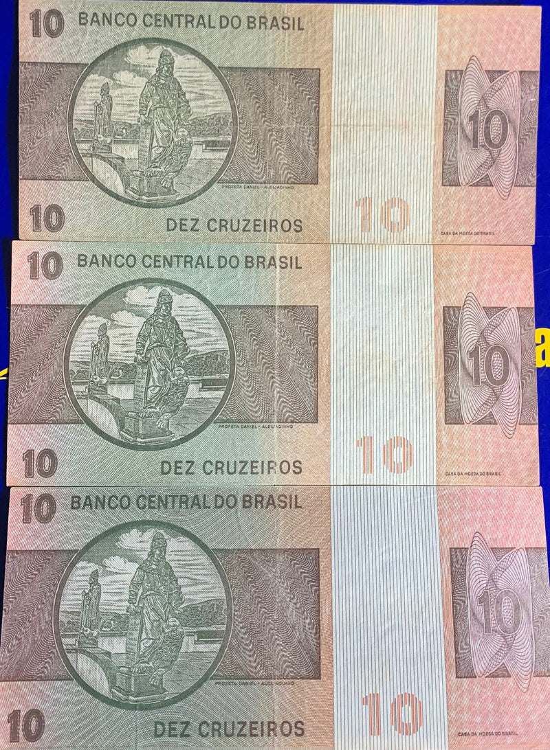 3 Cédulas 10 Cruzeiros Banco Central do Brasil Antigas Coleção Rara Única