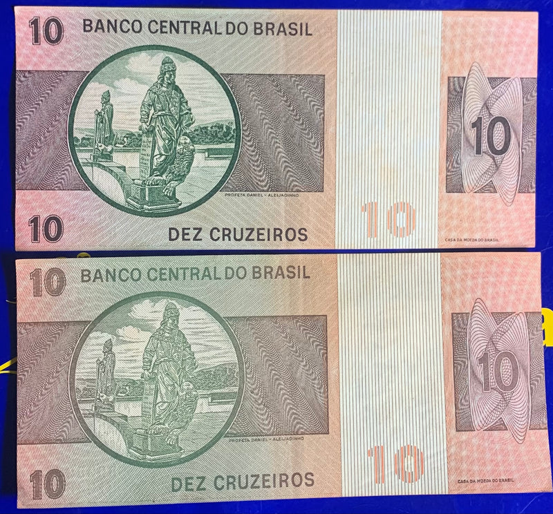 2 Cédulas 10 Cruzeiros Banco Central do Brasil Antigas Coleção Linda Cédulas