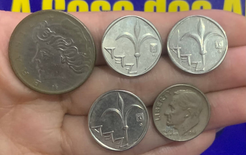 5 Moedas 1 Cent de Euro e 20 Centavos Brasil