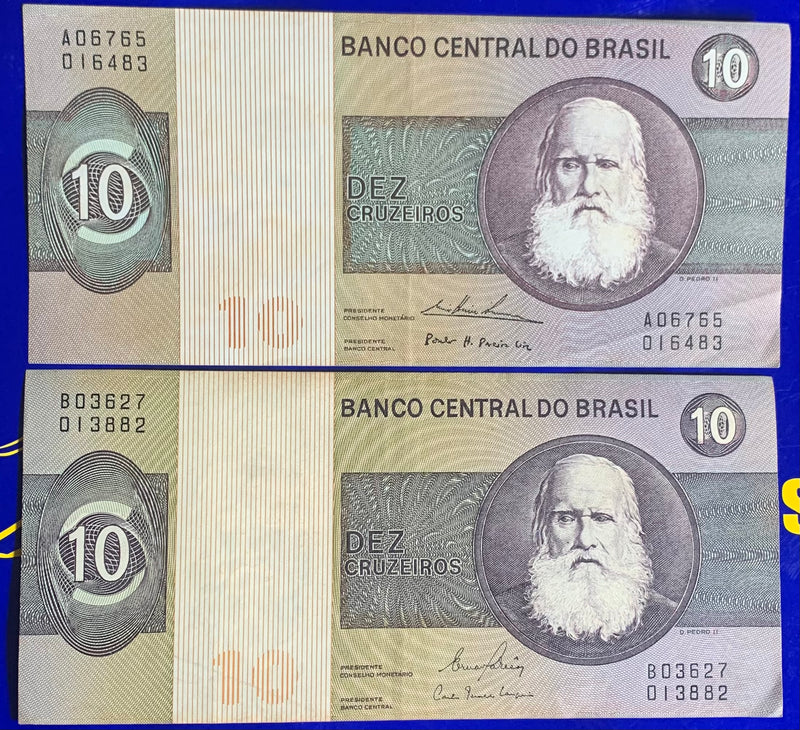 2 Cédulas 10 Cruzeiros Banco Central do Brasil Antigas Coleção Linda Cédulas