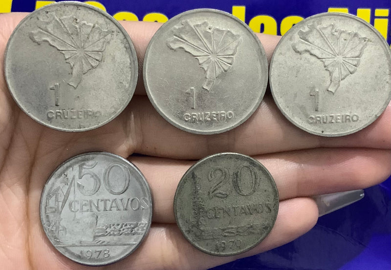 Moedas 1 Cruzeiro, 20 Centavos e 50 Centavos 5 Moedas no Kit