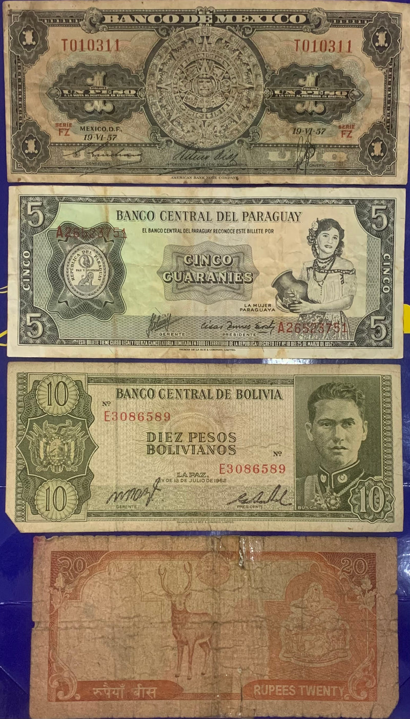 19 Cédulas 1 Peso, 2 Guaranies,, 5 Guaranies, 10 Pesos, 20, 100 Guaranies, 1000 Pesos e 10.000 Pesos