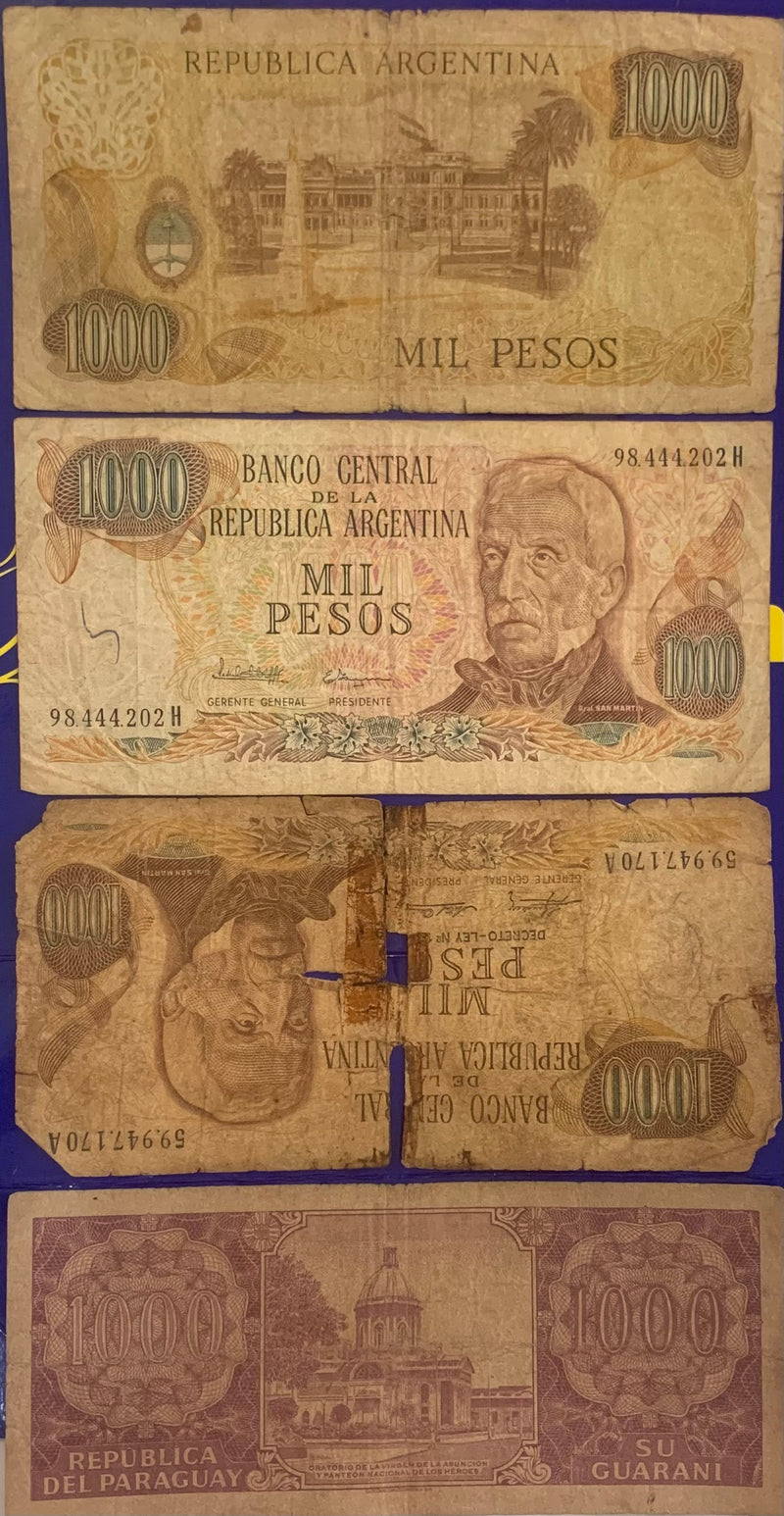 19 Cédulas 1 Peso, 2 Guaranies,, 5 Guaranies, 10 Pesos, 20, 100 Guaranies, 1000 Pesos e 10.000 Pesos